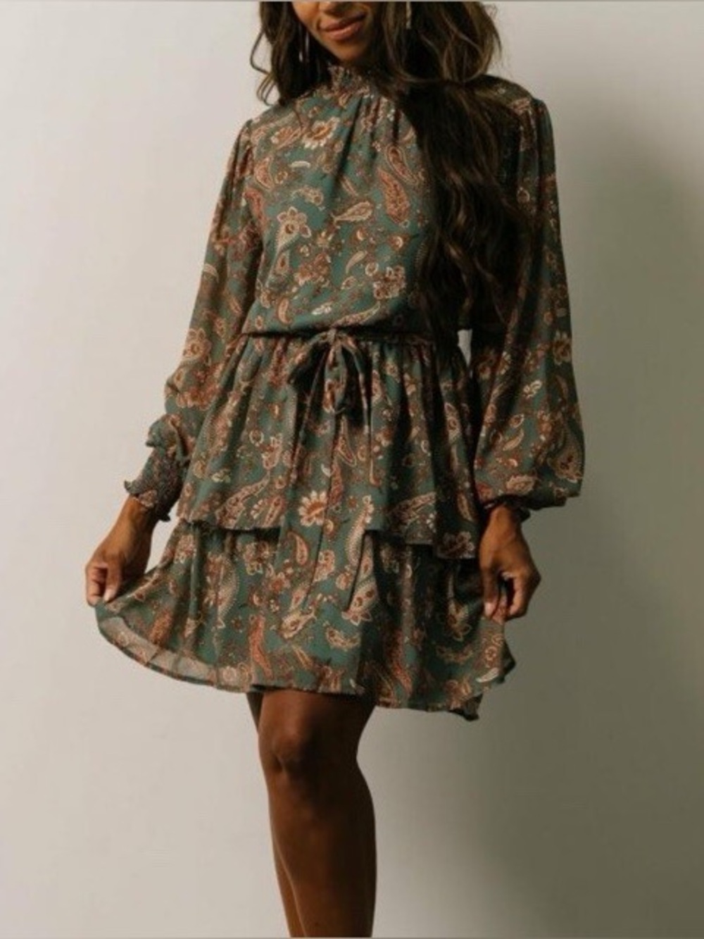 Baltic Born Chelsea Tiered Short Dress Green Paisley Long Sleeve XL Fall Wedding